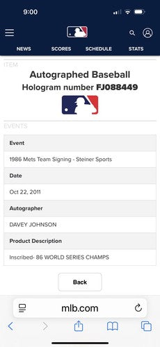 DAVEY JOHNSON Mets Signed MLB Baseball 1986 Ws Champs Auto Steiner & MLB W/ Case