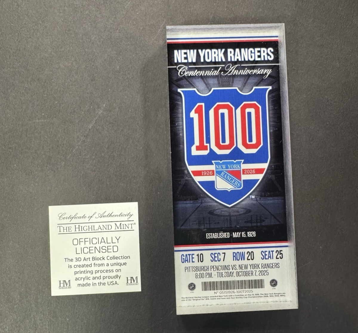 New York Rangers 100th Anniversary Acrylic Block Ticket 2.5x6in Great Gift !!