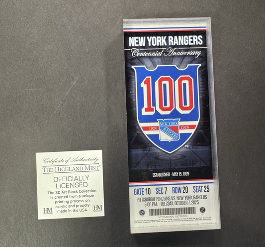 New York Rangers 100th Anniversary Acrylic Block Ticket 2.5x6in Great Gift !!