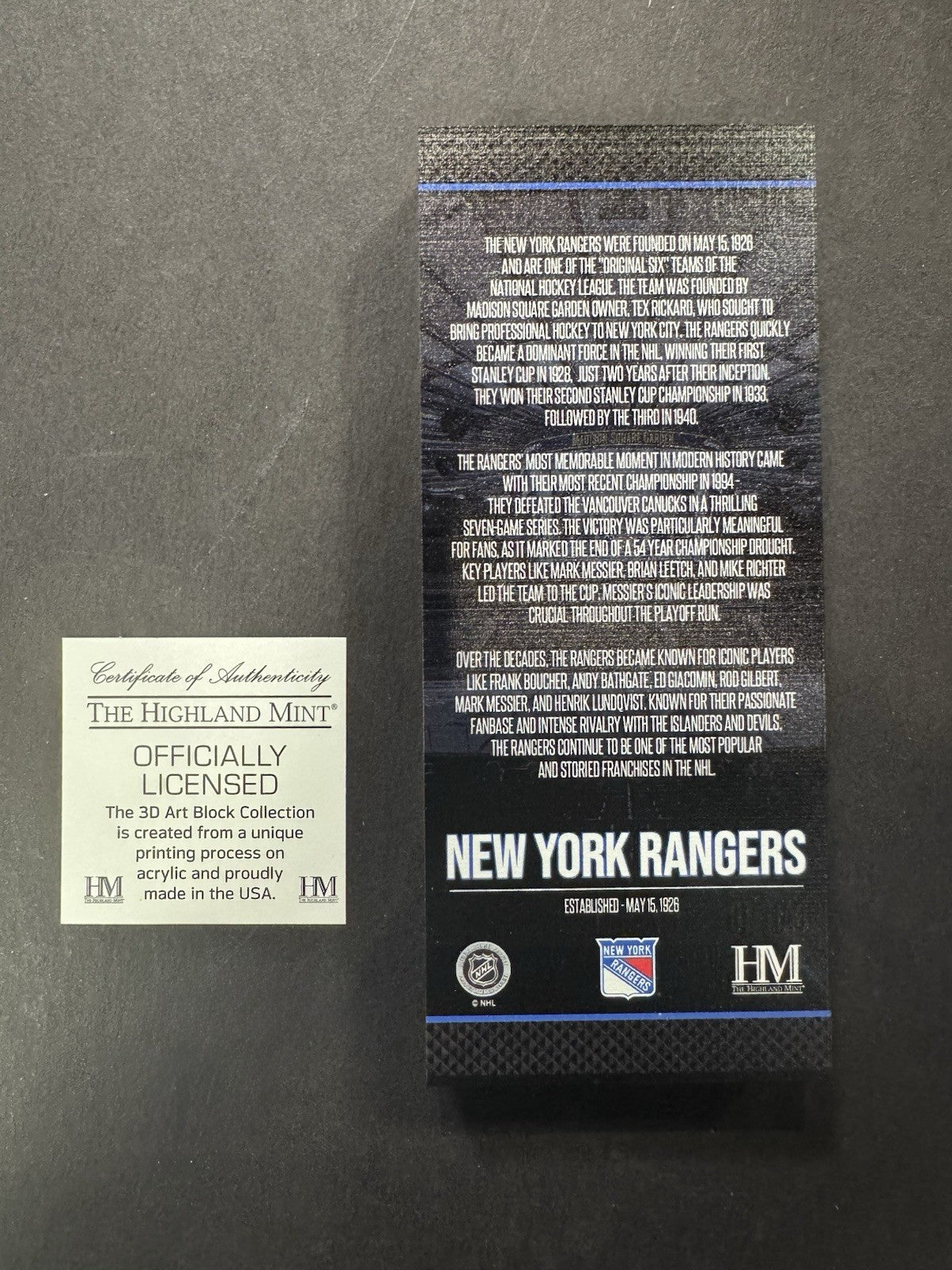 New York Rangers 100th Anniversary Acrylic Block Ticket 2.5x6in Great Gift !!