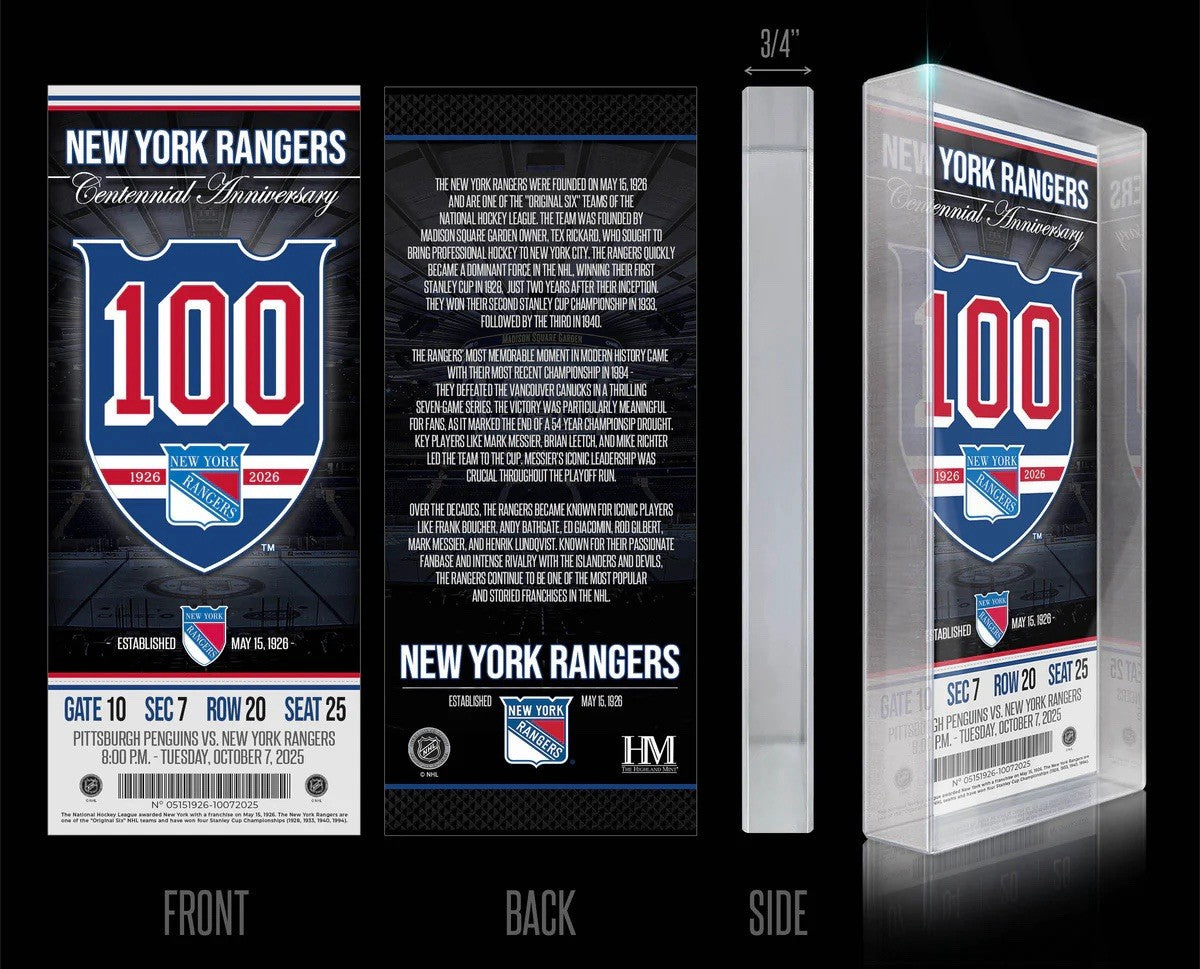 New York Rangers 100th Anniversary Acrylic Block Ticket 2.5x6in Great Gift !!