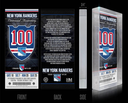 New York Rangers 100th Anniversary Acrylic Block Ticket 2.5x6in Great Gift !!