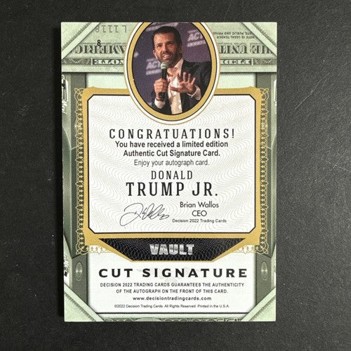 2022 Decision Vault Cut Signature DONALD TRUMP JR. Signed Mint Auto