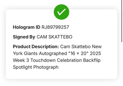 Cam Skattebo Signed 16x20 Framed Photo NY Giants TD Back Flip Auto Fanatics COA