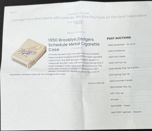 Brooklyn Dodgers 1950 Baseball Schedule Metal Cigarette Case Jackie Robinson