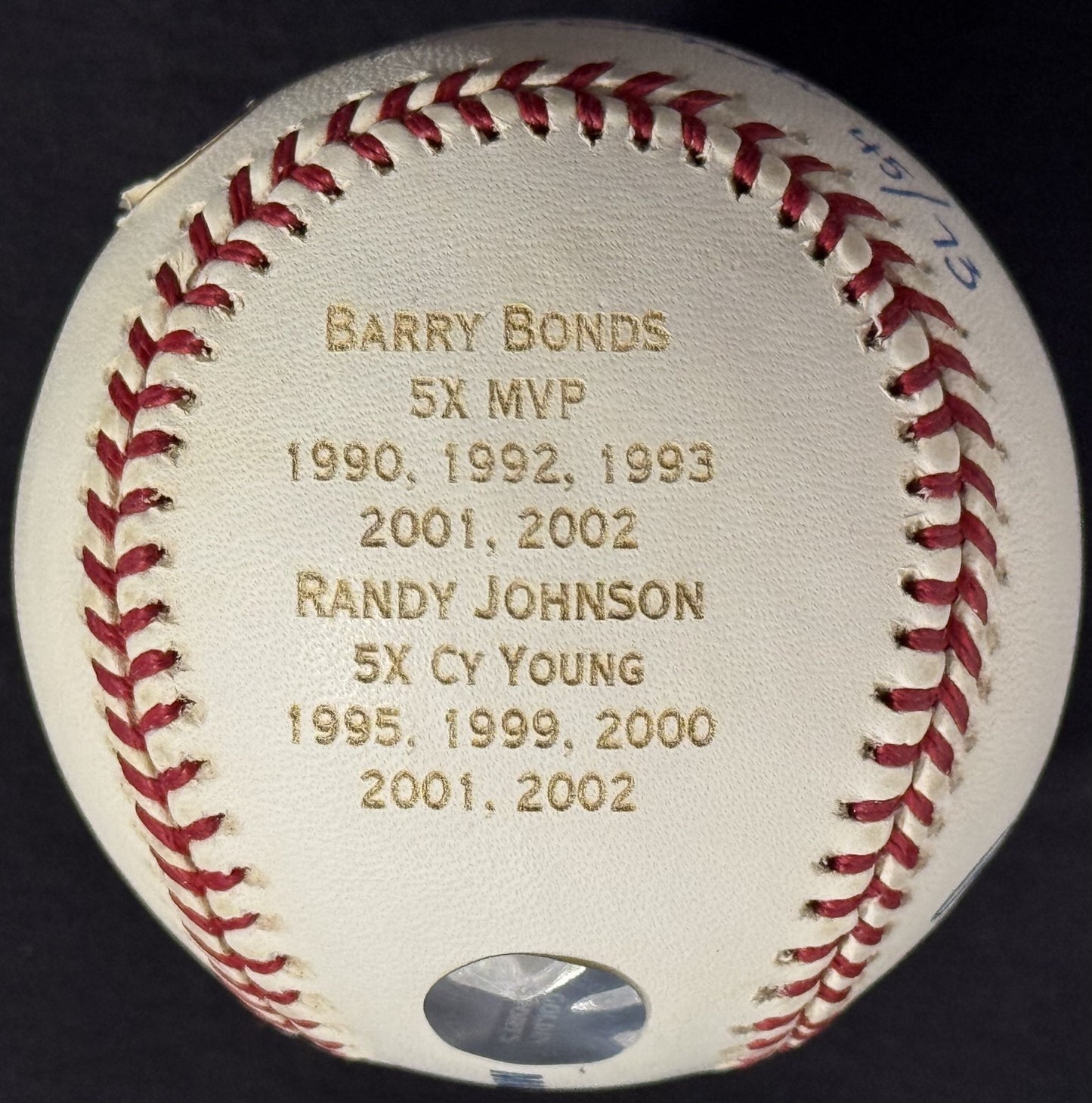 Barry Bonds & Randy Johnson Signed MLB Baseball 5x Cy MVP Stat Auto Goldin Coa