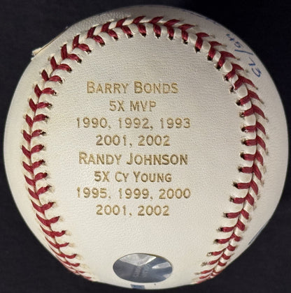 Barry Bonds & Randy Johnson Signed MLB Baseball 5x Cy MVP Stat Auto Goldin Coa