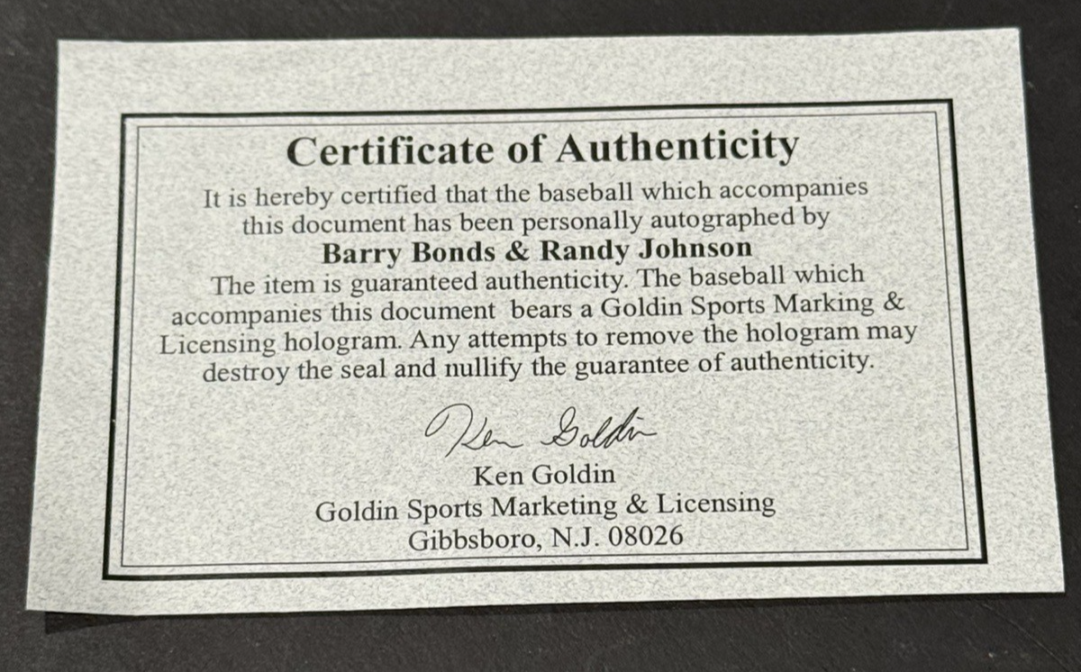 Barry Bonds & Randy Johnson Signed MLB Baseball 5x Cy MVP Stat Auto Goldin Coa