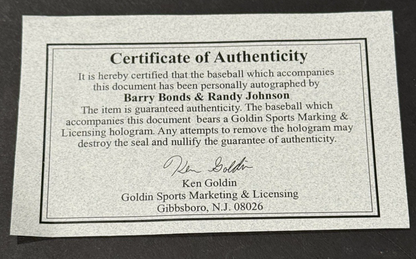 Barry Bonds & Randy Johnson Signed MLB Baseball 5x Cy MVP Stat Auto Goldin Coa