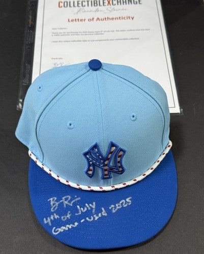 Ben Rice Signed NY Yankees 2025 Game Used Hat 4th Of July Auto Steiner COA #22
