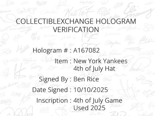 Ben Rice Signed NY Yankees 2025 Game Used Hat 4th Of July Auto Steiner COA #22