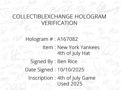 Ben Rice Signed NY Yankees 2025 Game Used Hat 4th Of July Auto Steiner COA #22