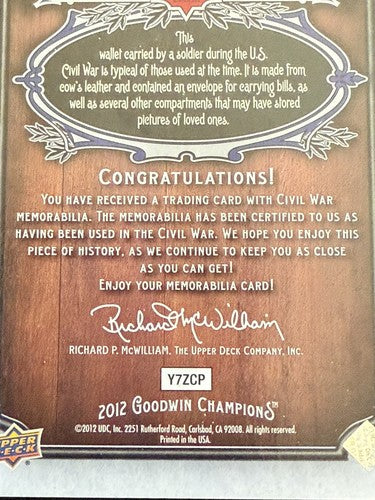 2012 UD Goodwin Champions Museum Collection Civil War Soldier Wallet Relic Rare