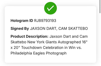 Jaxson Dart & Cam Skattebo Signed 16x20 Framed Photo NY Giants Auto Fanatics COA