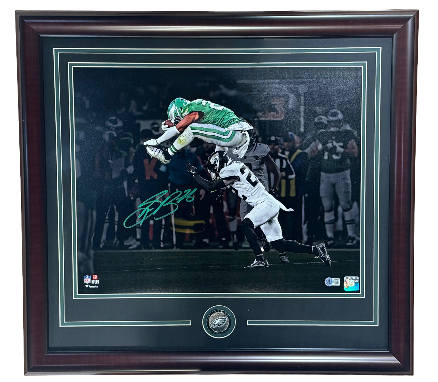 Saquon Barkley Signed 16x20 Framed BACKWARDS LEAP Photo Eagles Auto Beckett COA