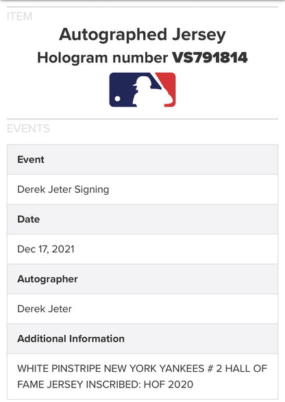Derek Jeter Signed Yankees Nike Pinstripe Authentic Jersey HOF 20 Auto MLB COA