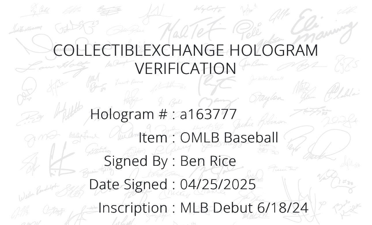 Ben Rice Signed Official MLB Baseball Yankees MLB Debut Autograph Steiner COA