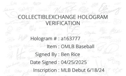 Ben Rice Signed Official MLB Baseball Yankees MLB Debut Autograph Steiner COA