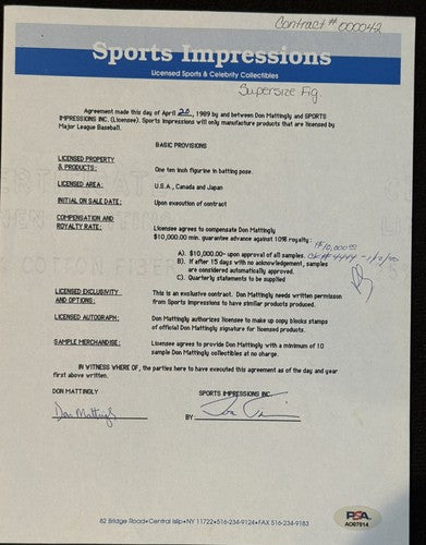 Don Mattingly signed Yankees Original Contract Sports Impressions 1/1 Psa 9 Loa