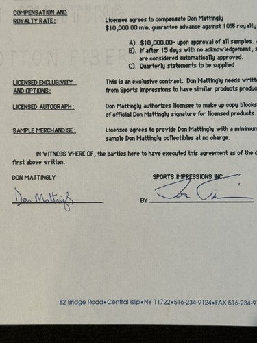 Don Mattingly signed Yankees Original Contract Sports Impressions 1/1 Psa 9 Loa