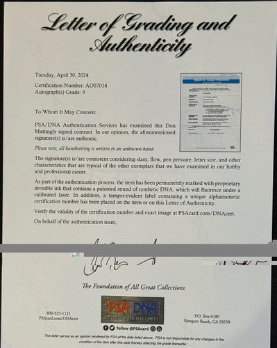 Don Mattingly signed Yankees Original Contract Sports Impressions 1/1 Psa 9 Loa