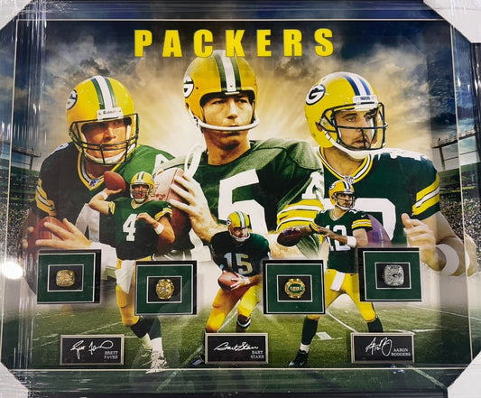 Green Bay Packers 24x30 3D Framed Super Bowl Rings Photo Shadowbox Rodgers Favre