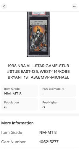 1998 NBA All Star Game Ticket Stub Michael Jordan MVP Kobe Bryant 1st Asg  Psa 8