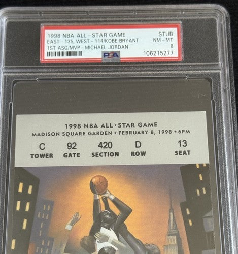 1998 NBA All Star Game Ticket Stub Michael Jordan MVP Kobe Bryant 1st Asg  Psa 8