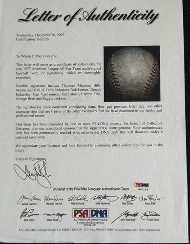 1977 A.L All Star Game Team Signed Baseball Thurman Munson Brett Auto Psa W/case