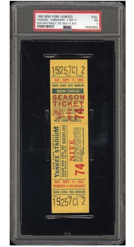 Don Mattingly Yankees 1st Mlb At Bat FULL Ticket 9/11 1982 Psa 7 Pop 1  Rookie