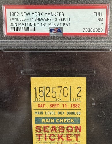 Don Mattingly Yankees 1st Mlb At Bat FULL Ticket 9/11 1982 Psa 7 Pop 1  Rookie