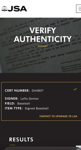 Lefty Gomez NY Yankees Signed Official Baseball MINT Auto JSA COA HOF