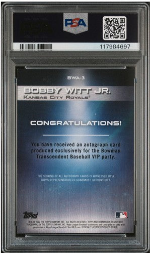 2022 BOWMAN TRANSCENDENT VIP PARTY BOBBY WITT JR Rc PSA 10 &10 Gem Mint Auto /50