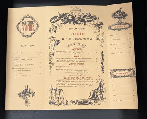 Ny Mets July 11 1970 old timers Day Casey Stengel 80 birthday Menu Diamond Club