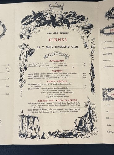 Ny Mets July 11 1970 old timers Day Casey Stengel 80 birthday Menu Diamond Club