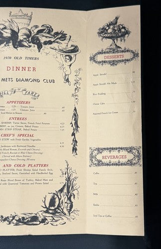 Ny Mets July 11 1970 old timers Day Casey Stengel 80 birthday Menu Diamond Club