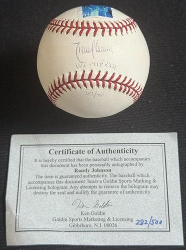 RANDY JOHNSON signed 2001 WORLD SERIES Baseball Ws MVP Auto MLB & Goldin Coa LE