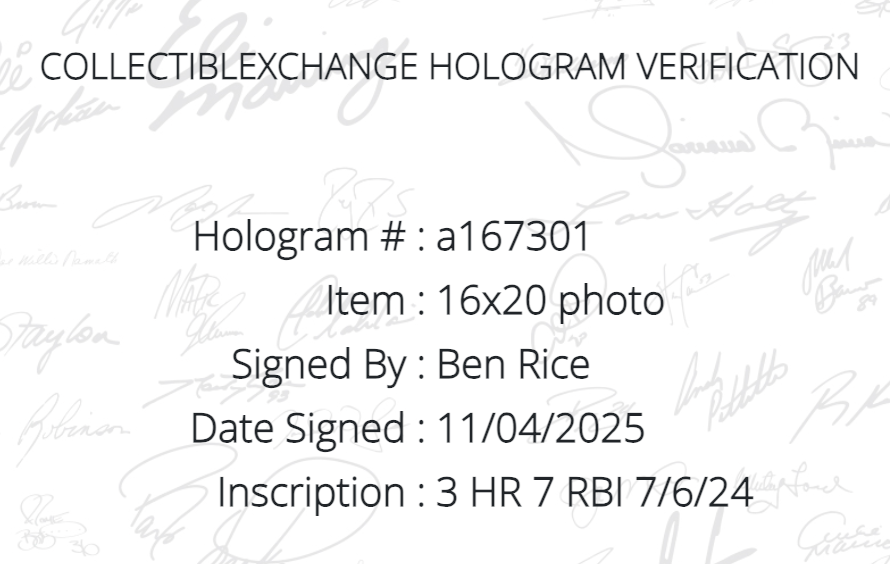 Ben Rice Signed 16x20 Framed Photo Ny Yankees 3 HR 7 RBI Rookie Auto Steiner COA