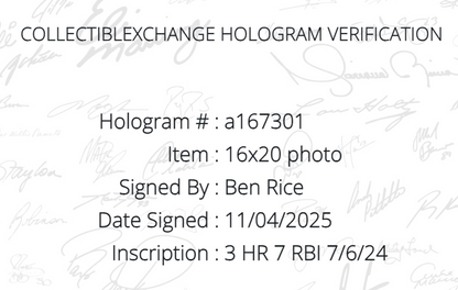 Ben Rice Signed 16x20 Framed Photo Ny Yankees 3 HR 7 RBI Rookie Auto Steiner COA