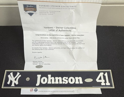 Randy Johnson Ny Yankees Game Used Locker Room Nameplate STEINER & MLB Coa HOF