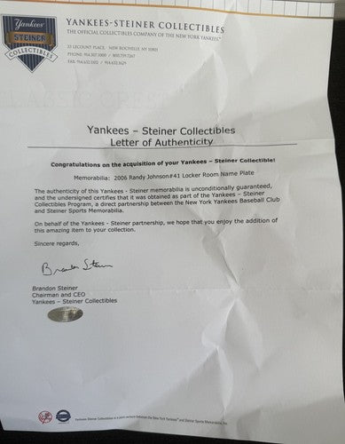 Randy Johnson Ny Yankees Game Used Locker Room Nameplate STEINER & MLB Coa HOF