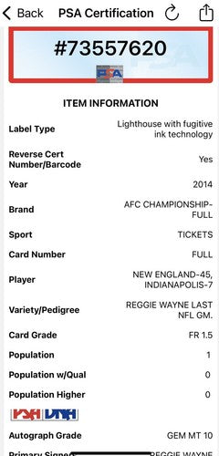 Patriots AFC Championship Ticket Deflate Game Tom Brady Reggie Wayne Auto Psa 10