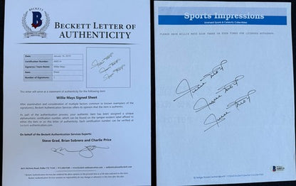 Willie Mays Signed Sports Impressions 1/1 Mint 3 Auto Page HOF For Figurine BAS