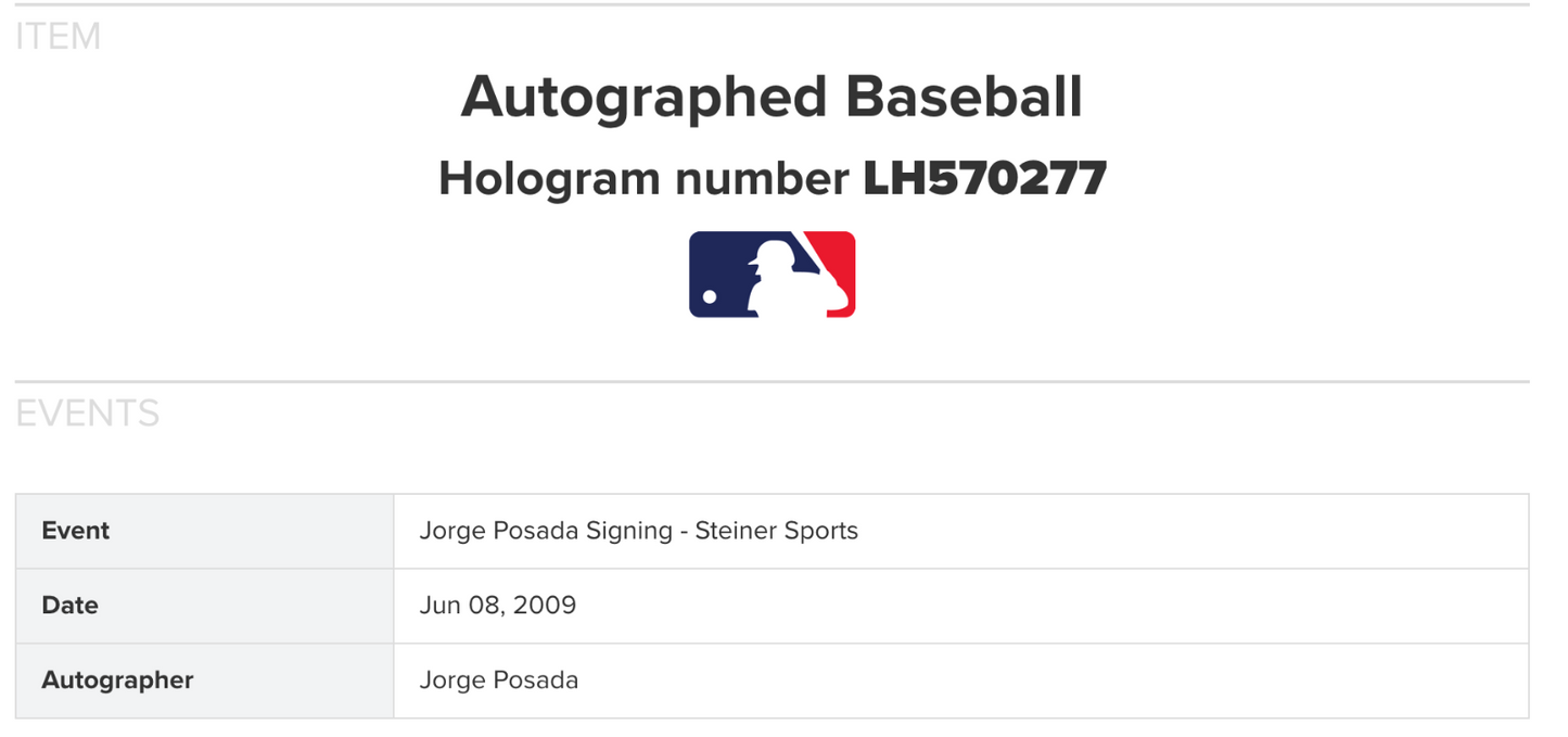 Jorge Posada Signed 2009 Inaugural Logo Baseball Auto MLB holo Steiner COA