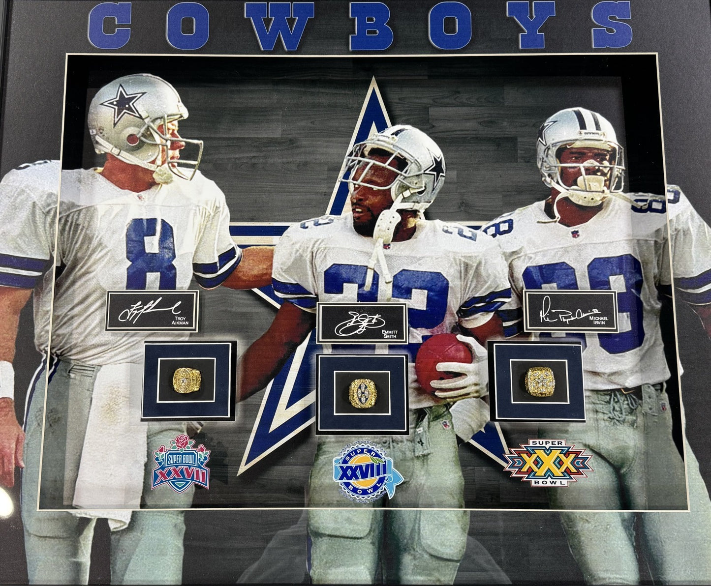 Dallas Cowboys 24x30 3D Framed Super Bowl Rings Photo Shadowbox Aikman Smith