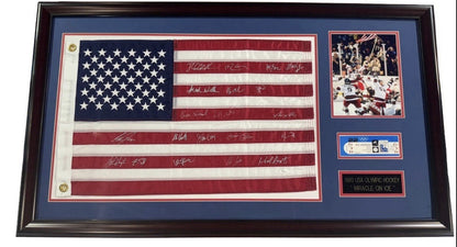1980 Miracle ICE Hockey ALL 20 On Team Signed Framed USA Flag Auto JSA Eruzione