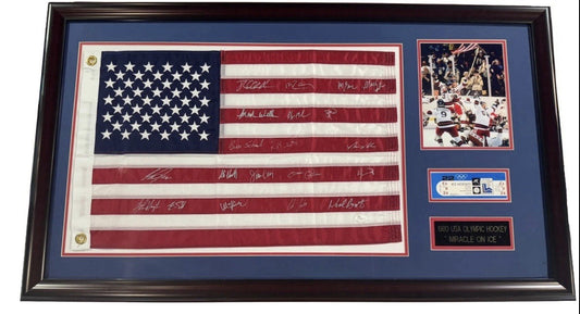 1980 Miracle ICE Hockey ALL 20 On Team Signed Framed USA Flag Auto JSA Eruzione