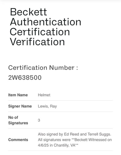 Ray Lewis Ed Reed Suggs Ravens Signed FS Rave Speed Authentic Helmet Auto BAS