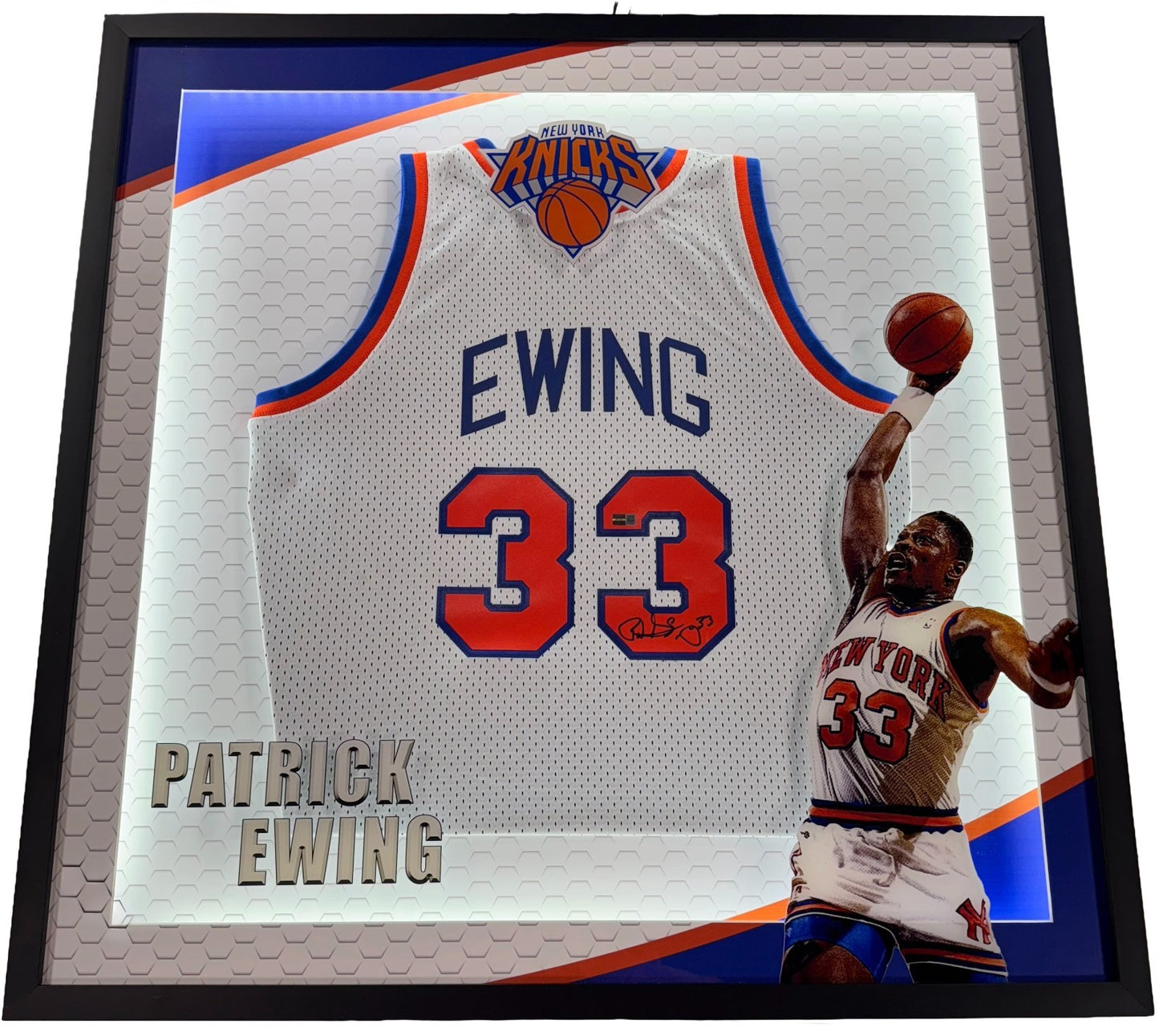 Patrick Ewing Signed M&N NY Knicks Jersey Framed LED Shadowbox Auto Steiner COA