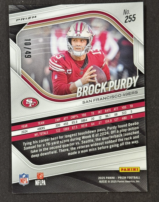 2025 Panini Prizm #255 Brock Purdy Purple Power Prizm /49 San Francisco 49ers